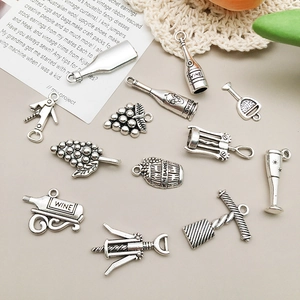 Antique silver wine bottle and grape alloy charms for DIY necklaces and crafts