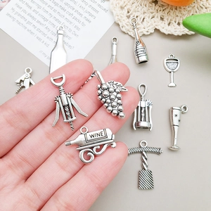 Set of creative antique silver wine bottle and grape alloy charms for DIY jewelry making