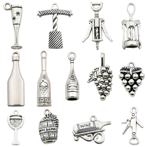 Antique silver wine themed charms set featuring grape bottles and glasses for jewelry making