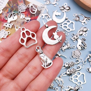 Antique silver cute cat and hollow paw alloy pendants for DIY handmade jewelry crafts