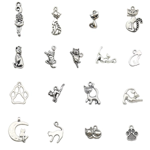 Set of 16 vintage silver cat and paw print charms for DIY jewelry making and crafts