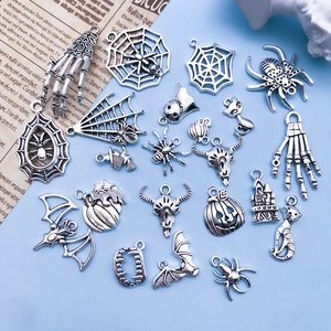 Mix of 50 vintage silver Halloween alloy charms including spider and skull for DIY jewelry