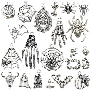 Vintage silver alloy Halloween charms set featuring spiders, bats and ghosts for DIY jewelry