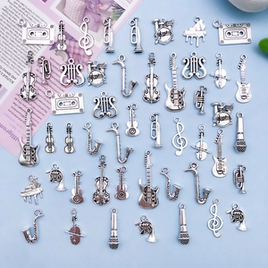 Vintage Zinc Alloy Musical Instrument Pendants Antique Silver Guitar Piano Violin Note Shapes DIY Jewelry Making Accessories