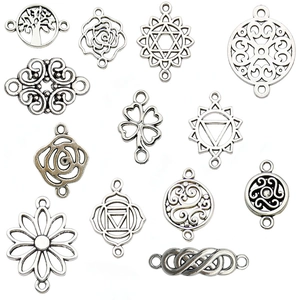 Antique silver flower and tree connector charms for DIY bracelet making and jewelry crafts