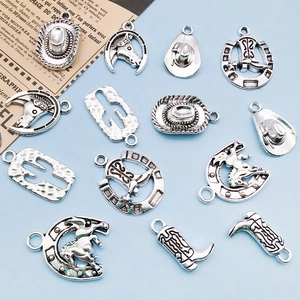 Vintage silver western cowboy alloy charm set including boots, hats and cactus