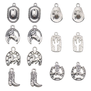 Western cowboy silver alloy charms set with hats, boots, and horseshoes for DIY jewelry