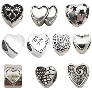Set of 10 antique silver heart-shaped alloy large hole beads for DIY jewelry making