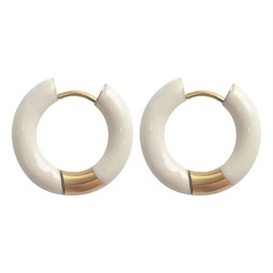 Chic cream enamel C-shaped chunky hoop earrings with gold plated metallic accents