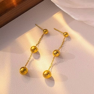Minimalist 18K Gold Plated Titanium Steel Round Bead Pendant Necklace Bracelet Stud Earrings Fashion Jewelry Set For Women