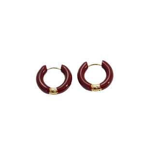 Retro geometric hoop earrings in deep wine red enamel with polished gold metallic clasp