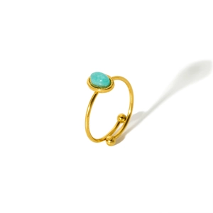 18K gold-plated stainless steel open ring with oval turquoise stone and gold beads