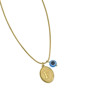 Collana a catena serpente dorata con ciondolo lettera F e amuleto malocchio perle