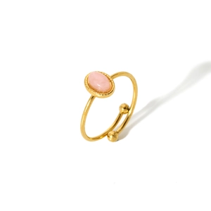 Minimalist 18K gold stainless steel open ring with a pink oval natural stone inlay