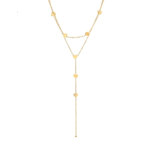 Minimalist gold double-layered heart necklace with Y-shape chain and spherical drop