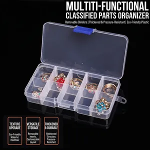 Transparent 10-compartment plastic storage box with adjustable blue dividers for accessories