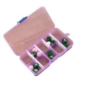 Purple 10-compartment clear plastic organizer box with blue clasp for jewelry and beads