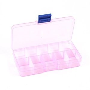 Detail view of pink translucent 10-compartment plastic organizer with blue secure latch