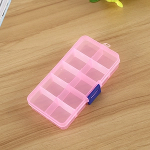Pink semi-transparent 10-compartment plastic organizer box with a secure blue buckle