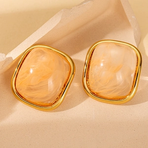Orecchini a Bottone Quadrati in Acciaio Inossidabile Vintage Francese Con Motivo Marmoreo in Resina Gioielli da Donna