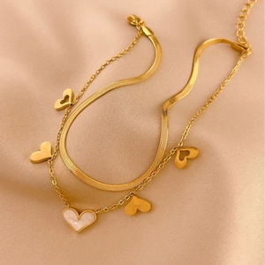 Gold double-layered stainless steel anklet with snake chain and heart shell pendants