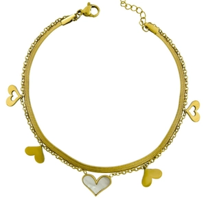 Elegant gold double-layered heart anklet with white shell inlay on a flat snake chain