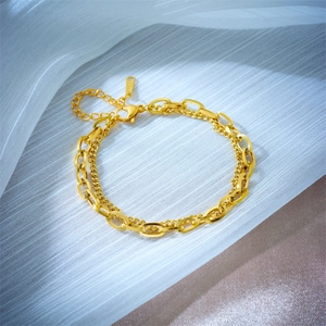 Double-layer gold stainless steel chain bracelet with chunky oval links and lobster clasp