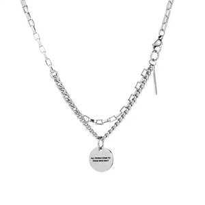Silver double layer stainless steel necklace with round pendant and curb chain style