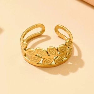 Detailed close-up of golden stainless steel olive leaf ring with adjustable open band