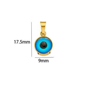 Detail view showing blue evil eye pendant dimensions 17.5mm by 9mm with gold frame