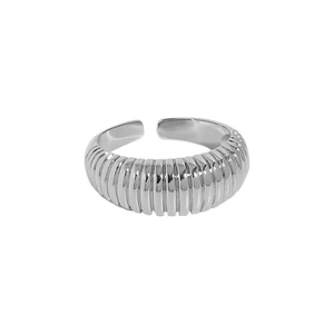 Detailed macro view of the silver vertical striped wave texture on the titanium steel ring