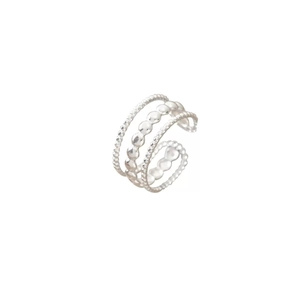 Detail view of triple-layered silver beaded open ring with minimalist stackable design
