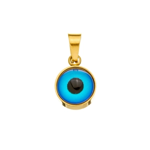 Detailed close-up of blue Evil Eye pendant with golden metallic rim and bail detail