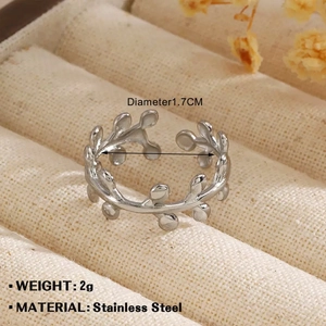 Minimalist silver irregular leaf open ring in stainless steel with a polished finish