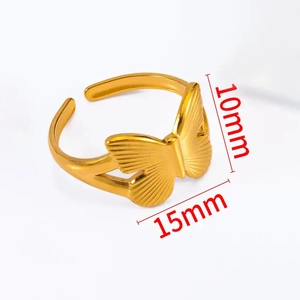 Détails de la bague papillon dorée de 15mm avec mesures de la bande ouverte réglable