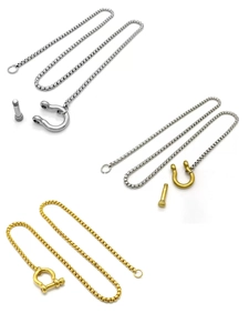 Detail of 18k gold plated box chain necklaces with U-shape shackle screw clasps