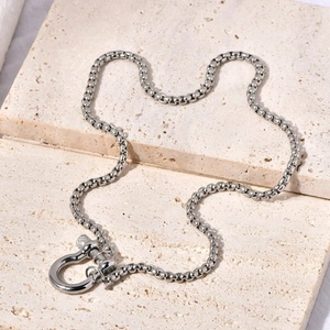 Silver stainless steel round box chain necklace with a horseshoe carabiner clasp on stone