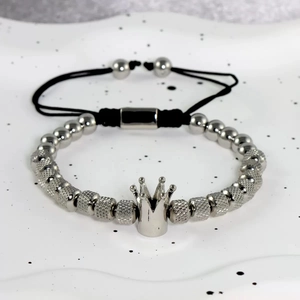 Bracciale retrò con corona e perle in acciaio inossidabile con cordino nero regolabile