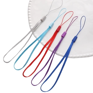 Five colorful polyester braided mobile phone lanyards with durable plastic clips and rings