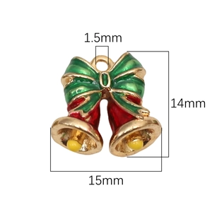Detailed size view of a Christmas bell pendant with a green bow for DIY jewelry crafts