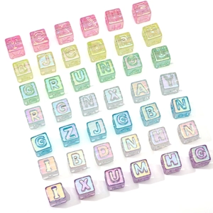 Iridescent Acrylic Alphabet Cube Beads Large Hole Engraved Letter Loose Beads For Jewelry Making DIY Bracelets Necklaces Accessory