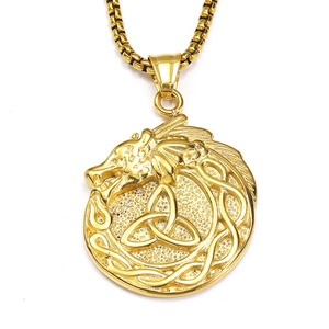 Colgante de dragón vikingo dorado con nudo celta y cadena de acero inoxidable tipo box