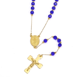 Retro Kreuz Rosenkranz Kette mit dunkelblauen Kristallperlen und Benedikt Medaille
