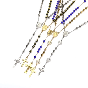 Collana Rosario in Acciaio Inossidabile Vintage per Uomo Donna Ciondolo Croce Religiosa Cattolica Medaglia della Vergine Maria Catena a Grani Gioielli Hip Hop Gothic