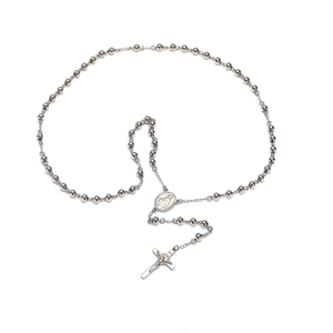 Collana di perle vintage in acciaio al titanio argento con medaglia Madonna e crocifisso