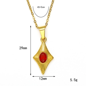 Elegant gold-plated necklace with a rhombus red stone pendant and size dimensions