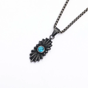 Vintage Distressed Titanium Steel Sunburst Pendant Necklace With Artificial Turquoise Radiant Sun Flower Geometric Industrial Jewelry Gift