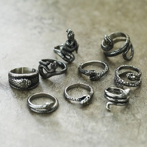 Retro snake ring set in oxidized titanium steel with detailed scales and serpent shapes