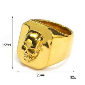 Gothic punk gold skull ring in polished stainless steel with embossed biker details