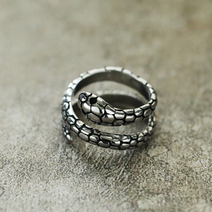Close-up of snake ring with detailed scales and spiral structure in silver titanium steel